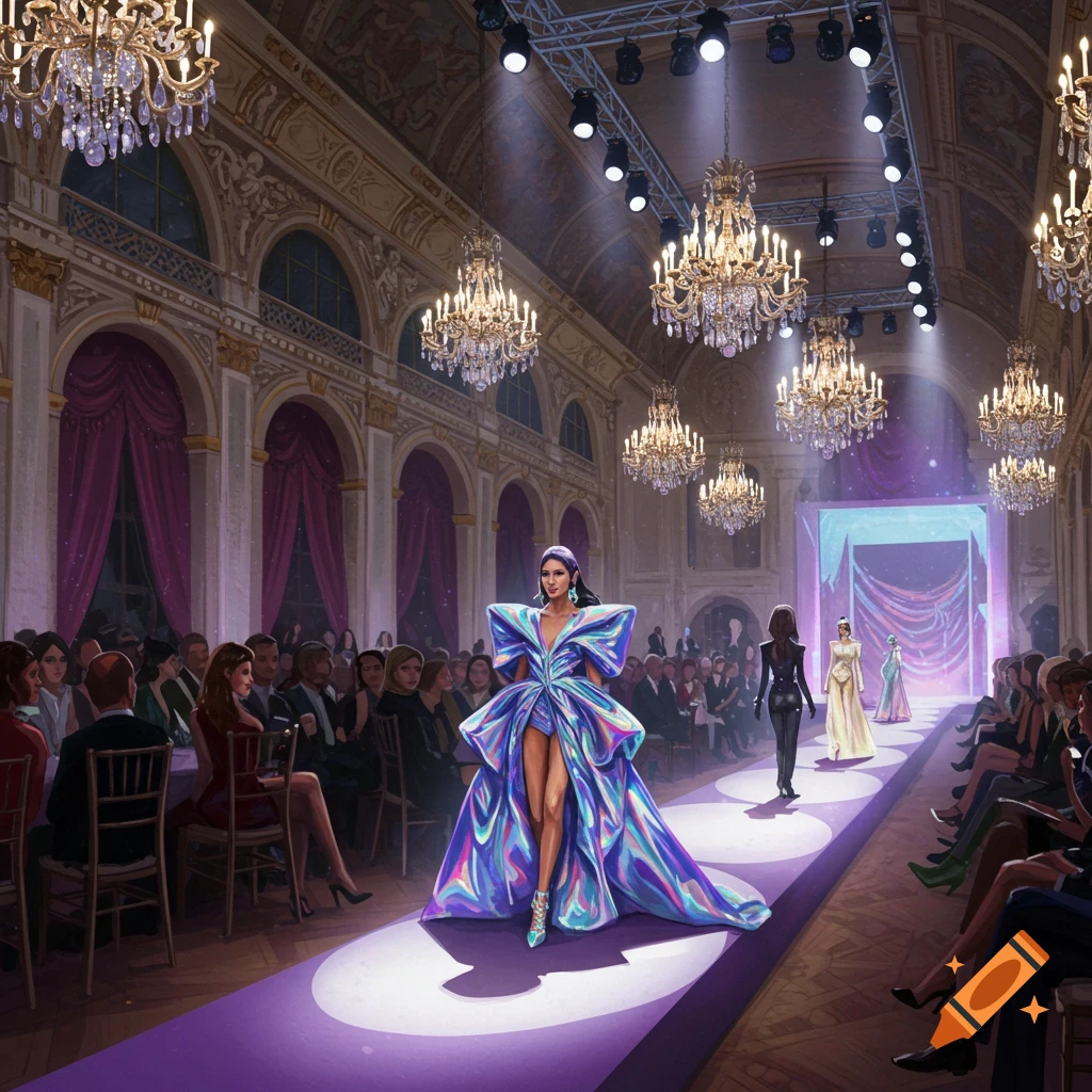 A fashion model in an iridescent blue and purple gown walks a purple runway under chandeliers in a grand hall, with an audience watching.