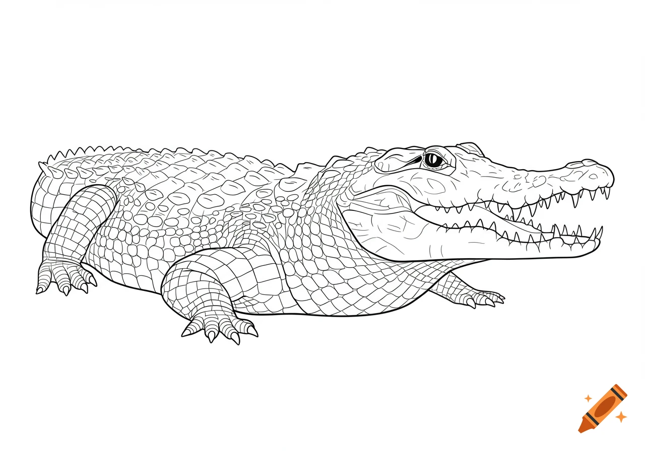 Black and white line art drawing of a crocodile with its mouth slightly open, in a coloring book style.
