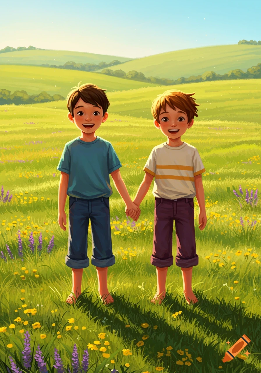 Two smiling boys holding hands, standing barefoot in a sunny, vibrant green field with yellow and purple wildflowers, in an illustration style.
