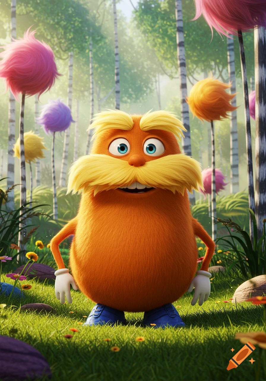 A furry orange, Lorax-like character with a large yellow mustache and blue eyes stands in a vibrant forest with colorful truffula trees.