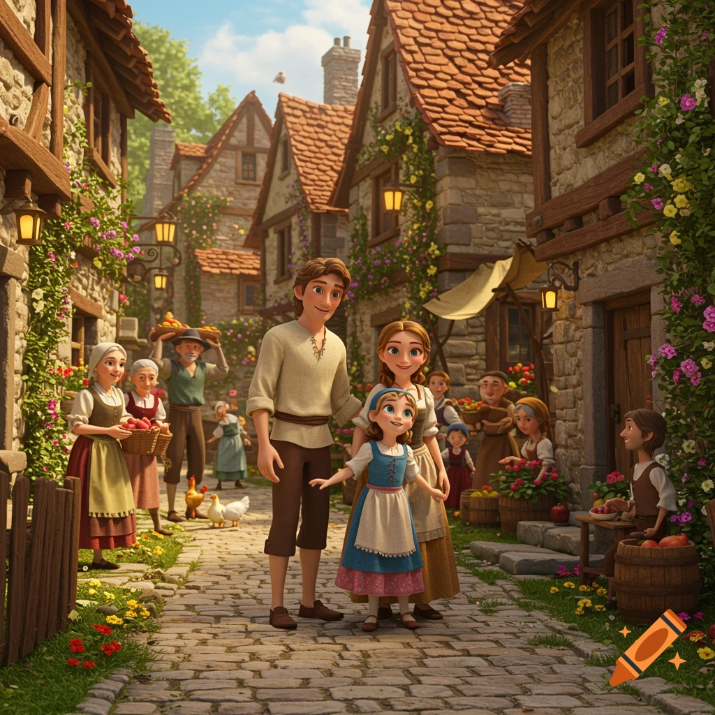 A cheerful family in a lively, detailed 3D cartoon style European village with stone houses, colorful flowers, and other villagers.