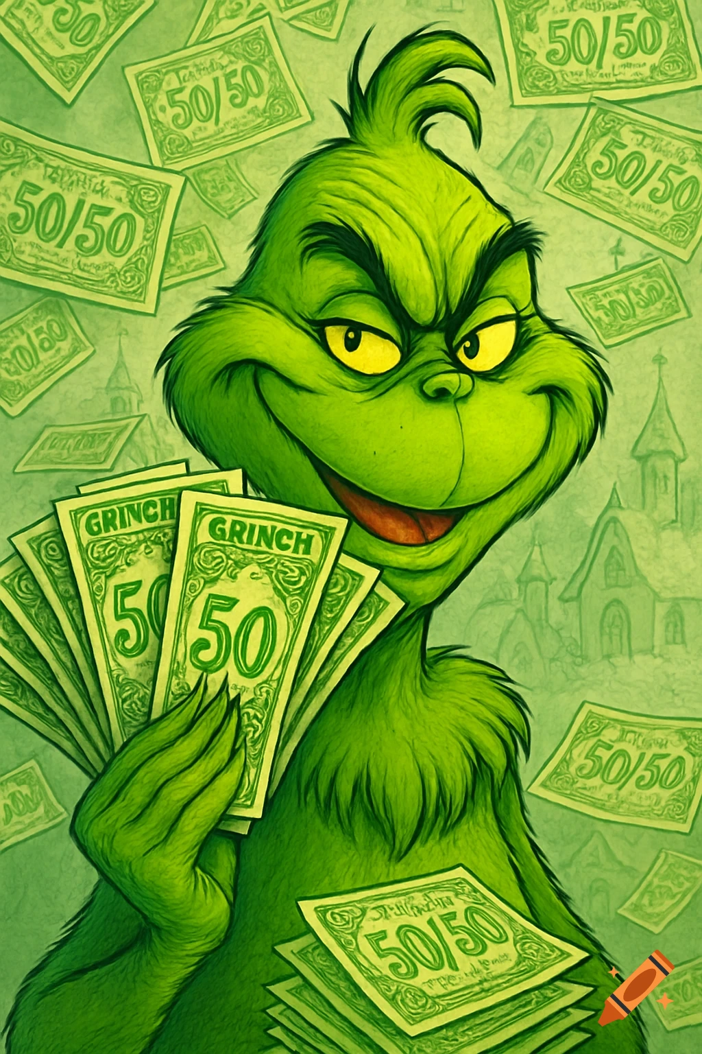 A smiling Grinch character holds a fan of money bills that say 'GRINCH' and '50/50', with more bills floating around in a cartoon style.