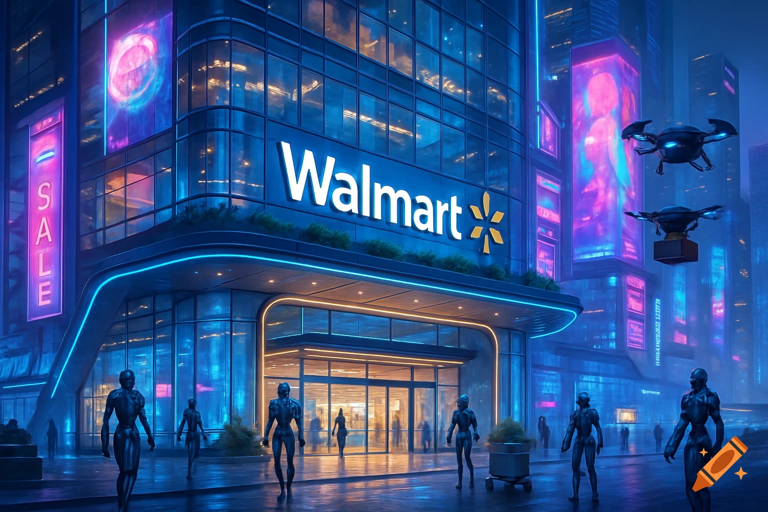 A futuristic Walmart building with neon lights in a cyberpunk city at night, featuring drones and humanoid figures on the street.