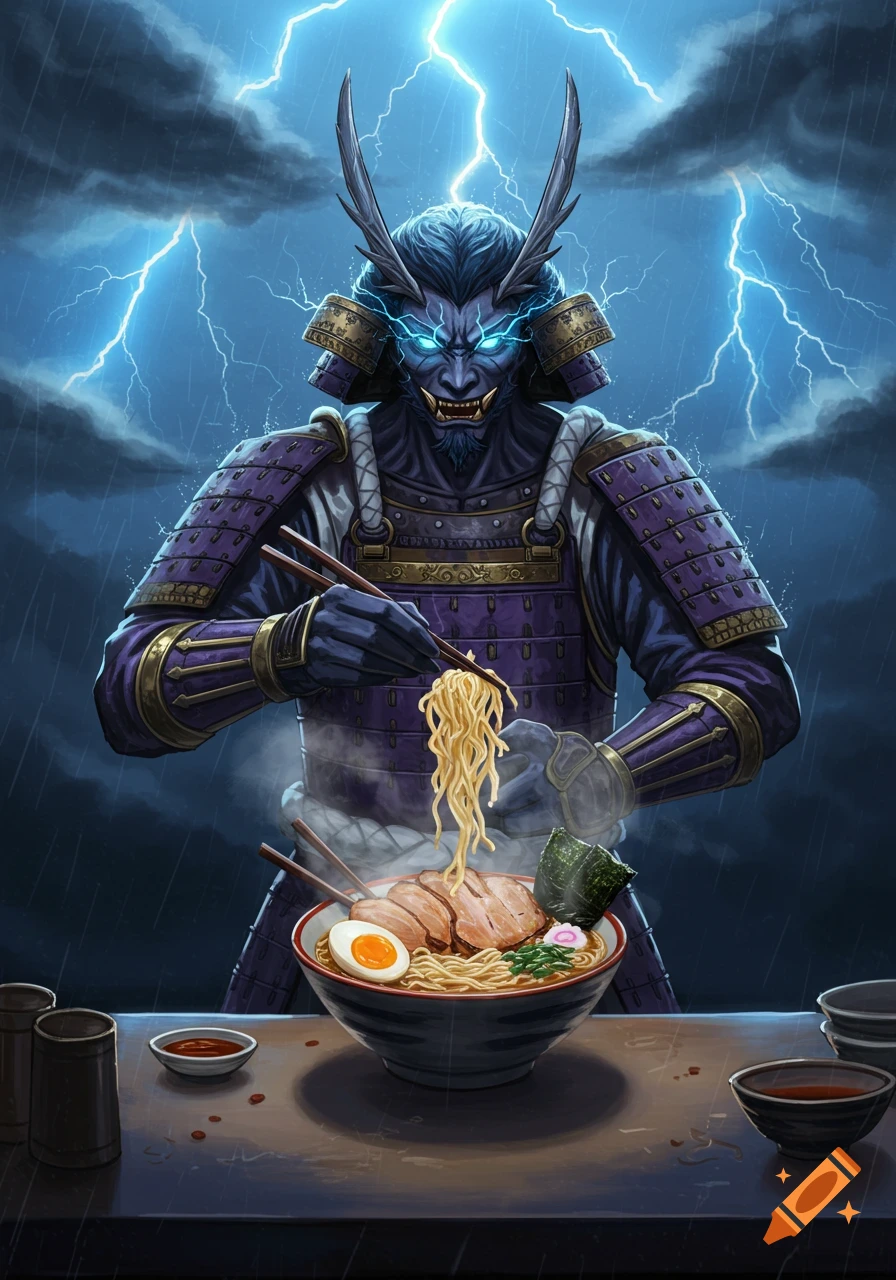 A horned, armored samurai with glowing blue eyes eats ramen with chopsticks under a stormy, lightning sky in a fantasy art style.