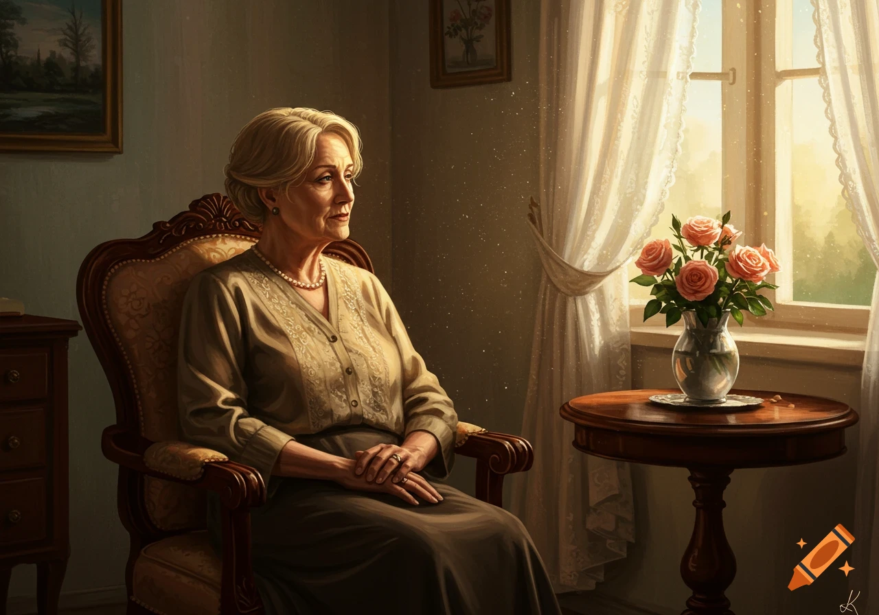 Elderly woman with blonde hair sitting in an armchair in a sunlit room with pink roses by a window, realistic painting.