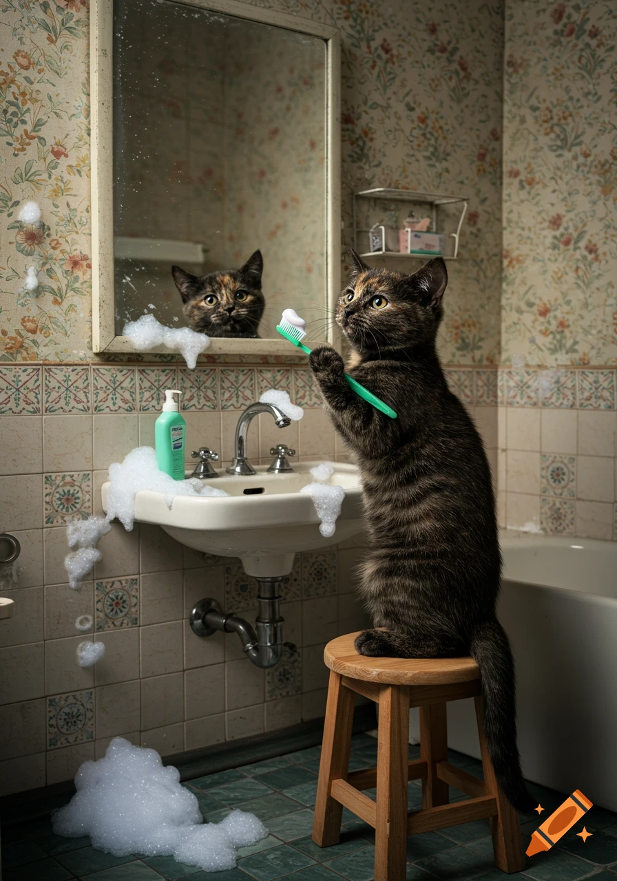 A dark tortoiseshell cat stands on a stool brushing its teeth in a vintage bathroom, with toothpaste foam around the sink.