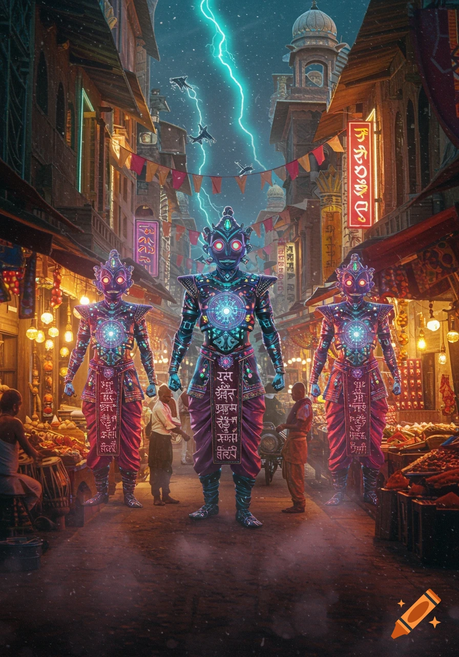 Three glowing humanoid robots stand in a vibrant, futuristic Indian market street under a stormy, lightning-filled sky.