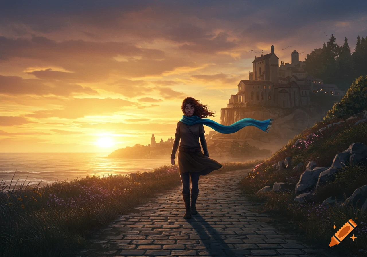 A digital painting of a woman with a blue scarf walking on a cobblestone path along a coastline at sunset, with a castle on a hill.