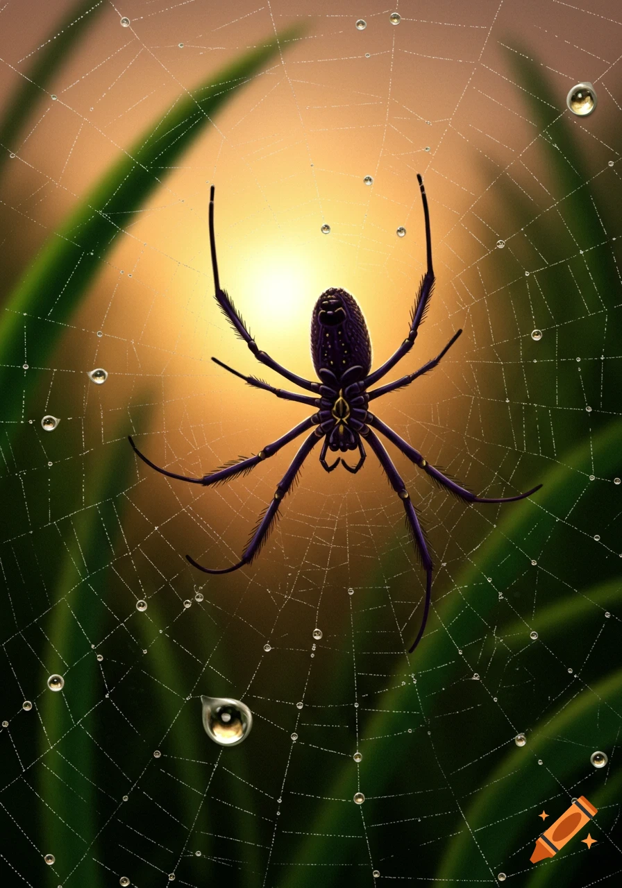 A dark purple spider on a dew-covered web, silhouetted against a bright orange and green background with leaves.