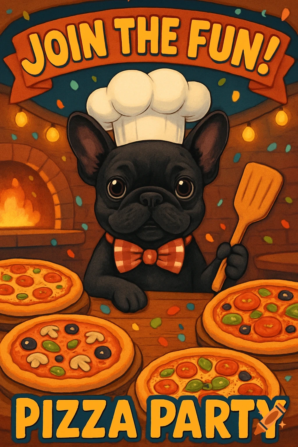 A cartoon black French bulldog chef in a hat and bowtie holds a spatula surrounded by pizzas, with text 'JOIN THE FUN! PIZZA PARTY'.