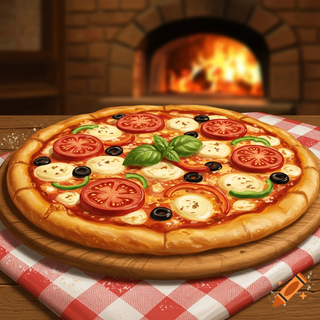 Illustrated pizza with tomatoes, mozzarella, olives, peppers, and basil on a checkered cloth in front of a brick oven.