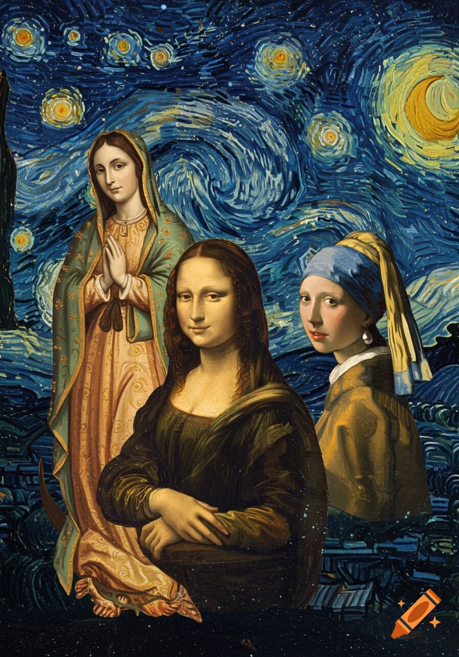 Our Lady of Guadalupe, Mona Lisa, and Girl with a Pearl Earring depicted in a collage against a starry night sky in Van Gogh's style.