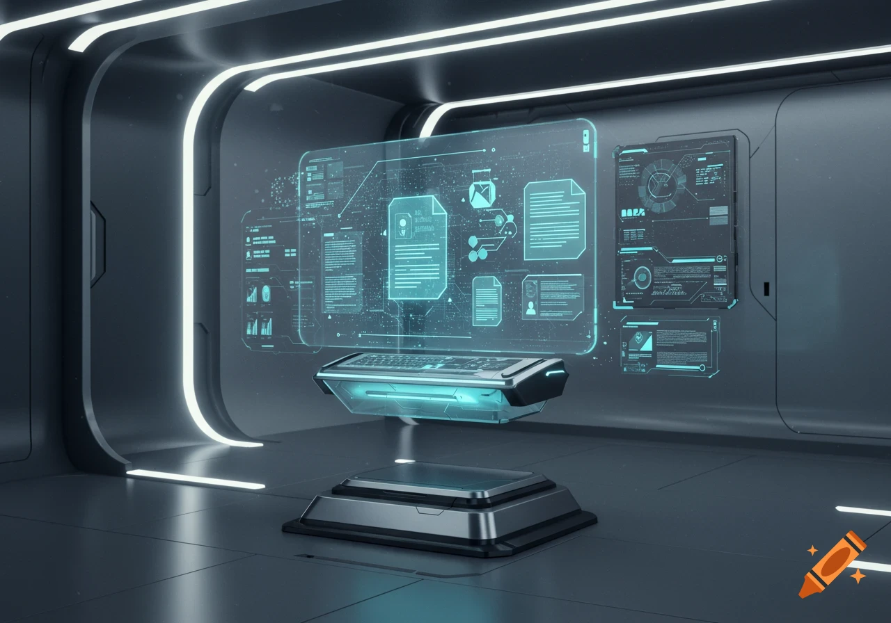 A futuristic, sleek room with a floating holographic display showing various data and document interfaces, with a glowing keyboard below it.