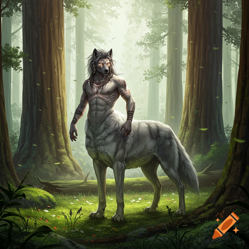 A powerful wolf centaur with a human torso and a white wolf body stands in an enchanted, misty forest.