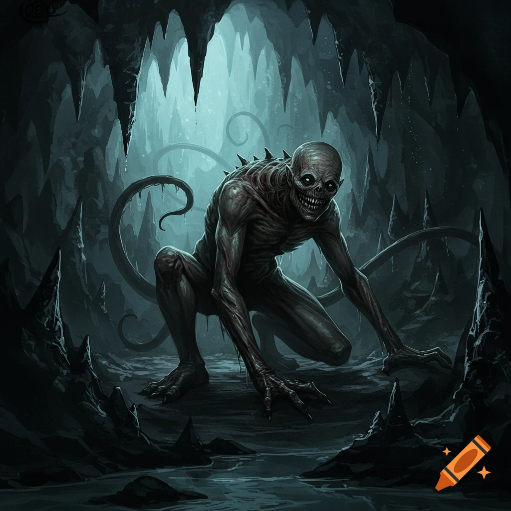 A skeletal monster with a wide, jagged smile and glowing eyes crouches in a dark, eerie cave.