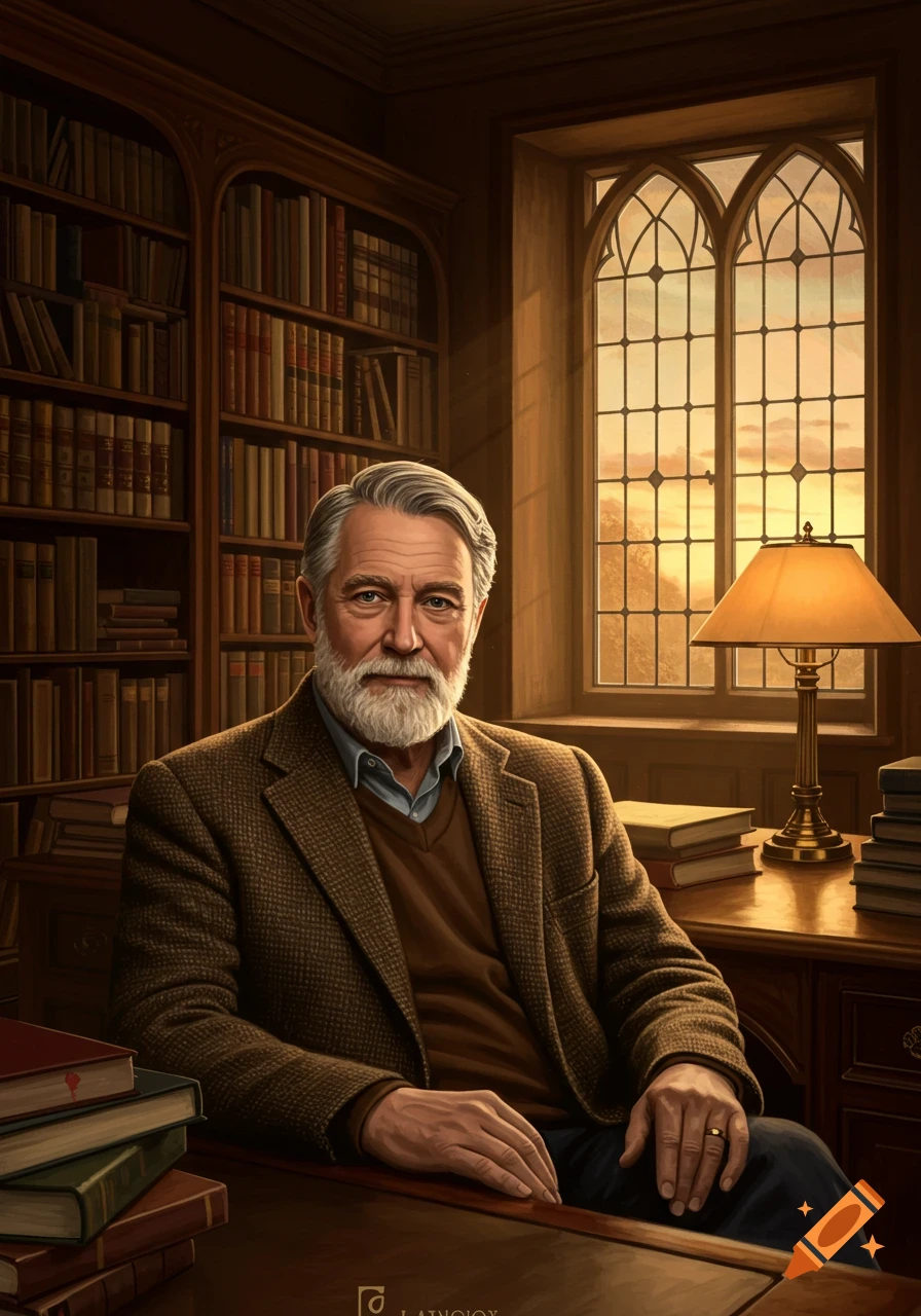 Distinguished gray-haired man with a white beard sits at a desk in a library, warm light from a Gothic window.