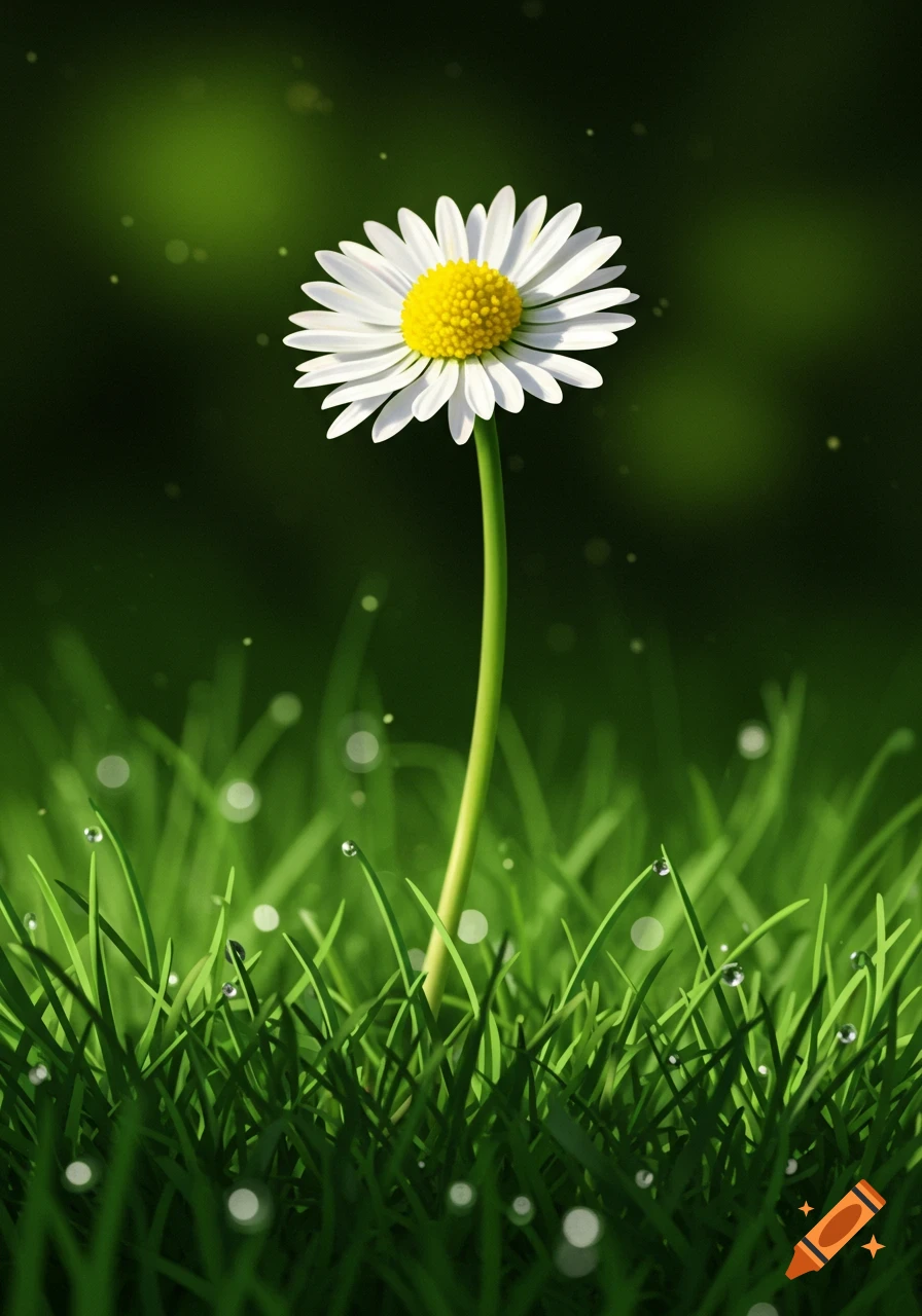 A single white daisy with a yellow center stands tall in lush green grass covered in dew drops, with a blurry dark green background.