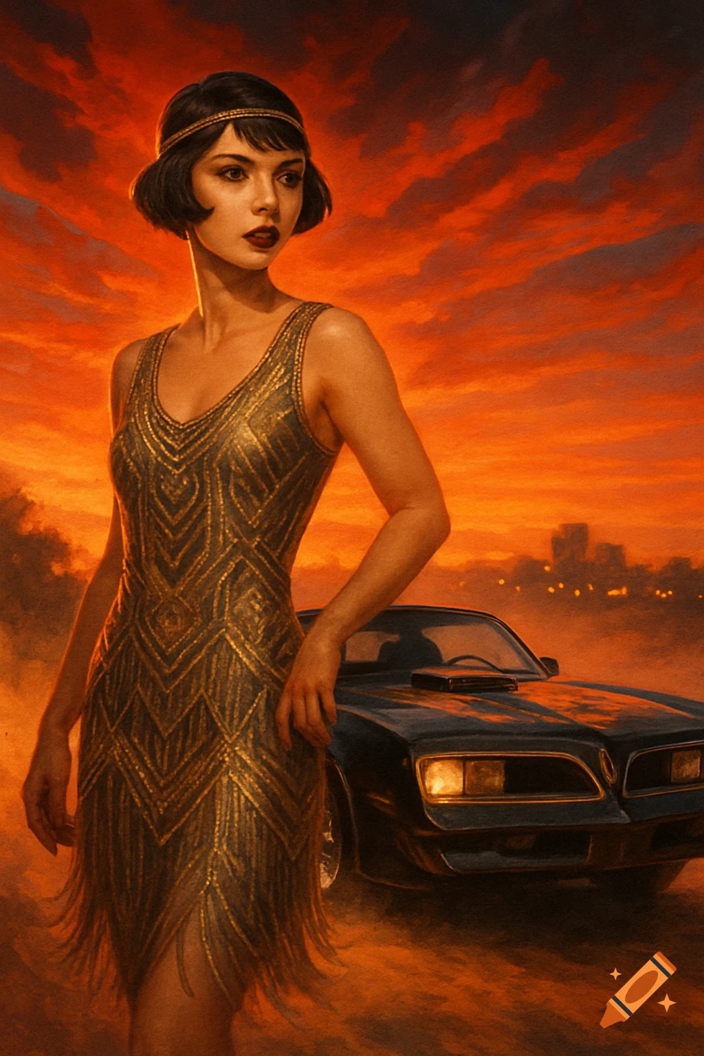A glamorous woman in an Art Deco flapper dress stands beside a classic car against a fiery orange sunset, stylized illustration.
