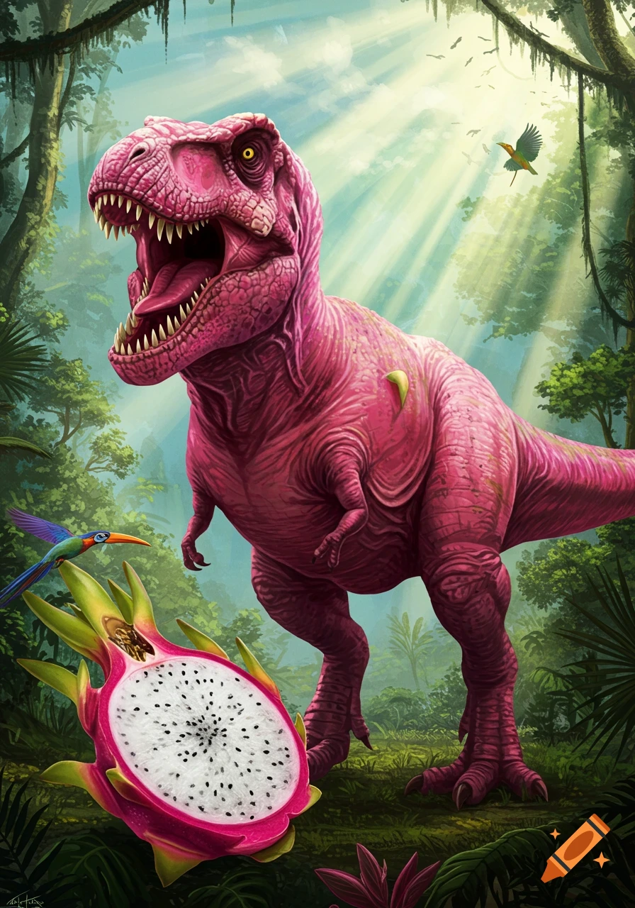 A vibrant illustration of a pink T-Rex roaring in a lush green jungle, with a halved dragon fruit in the foreground and small birds flying.