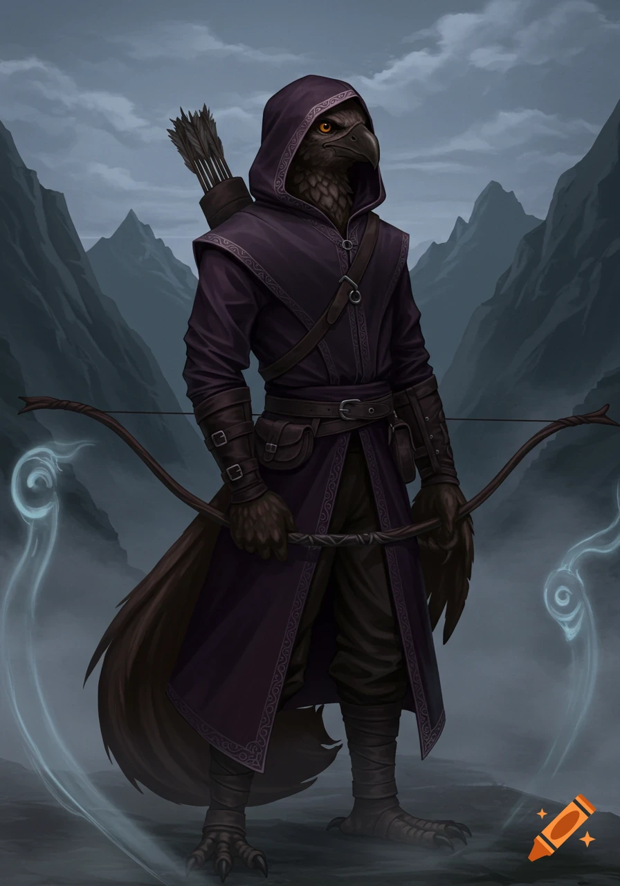 An anthropomorphic bird-person in a dark purple hooded robe, holding a bow with magical wisps, stands against a misty mountain backdrop.