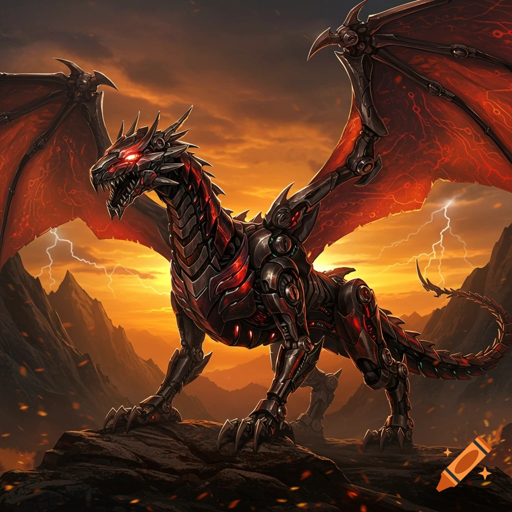 Dark metallic robotic dragon with glowing red accents and mechanical wings stands on a rocky cliff at sunset with lightning.