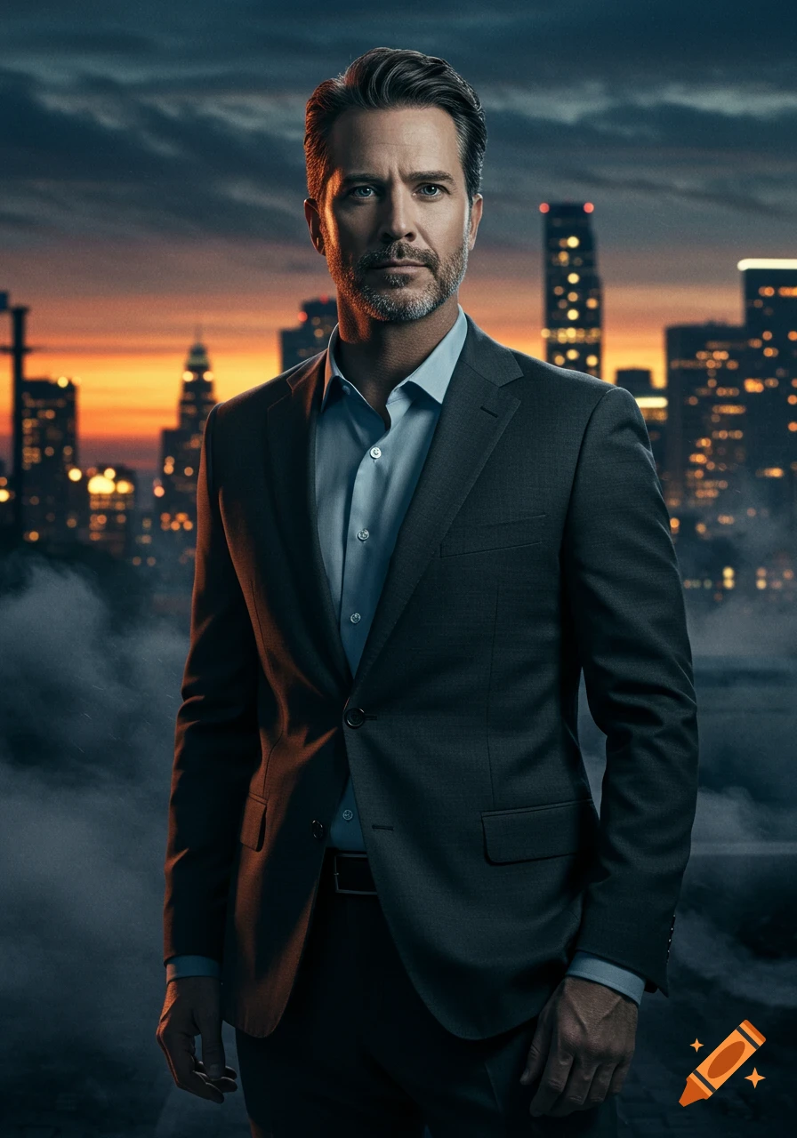 A distinguished man with a beard in a dark suit and light blue shirt stands against a dramatic city skyline at sunset.