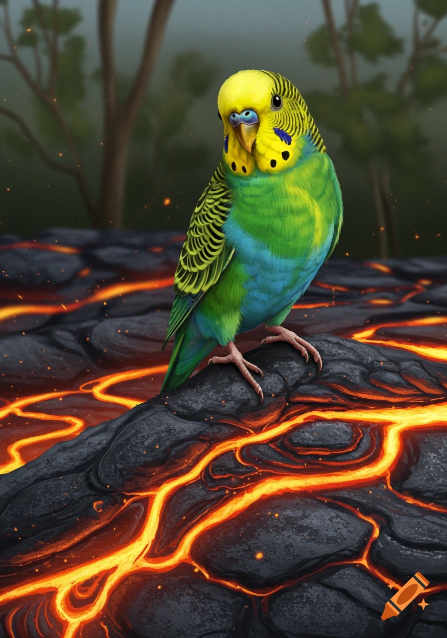 A green and yellow budgie stands on dark, flowing lava rocks with a blurry forest background. Realistic illustration.