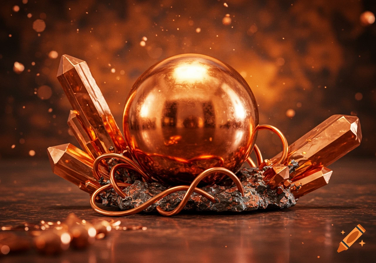 A shiny copper sphere rests on dark rocks, surrounded by copper crystals and wire, with a warm, bokeh background.