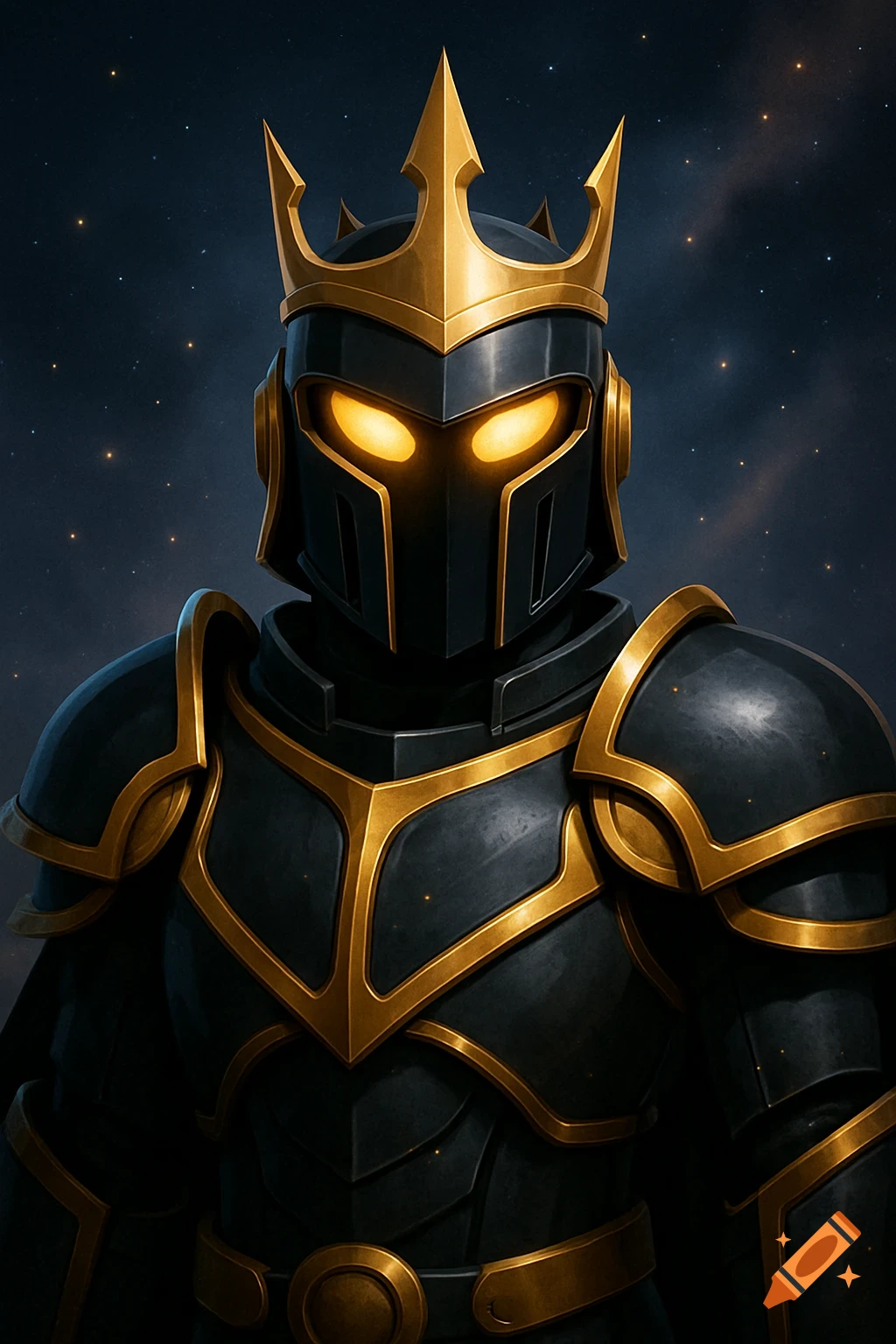 A majestic knight in black and gold armor with a crown, glowing eyes, against a starry night sky, digital art.