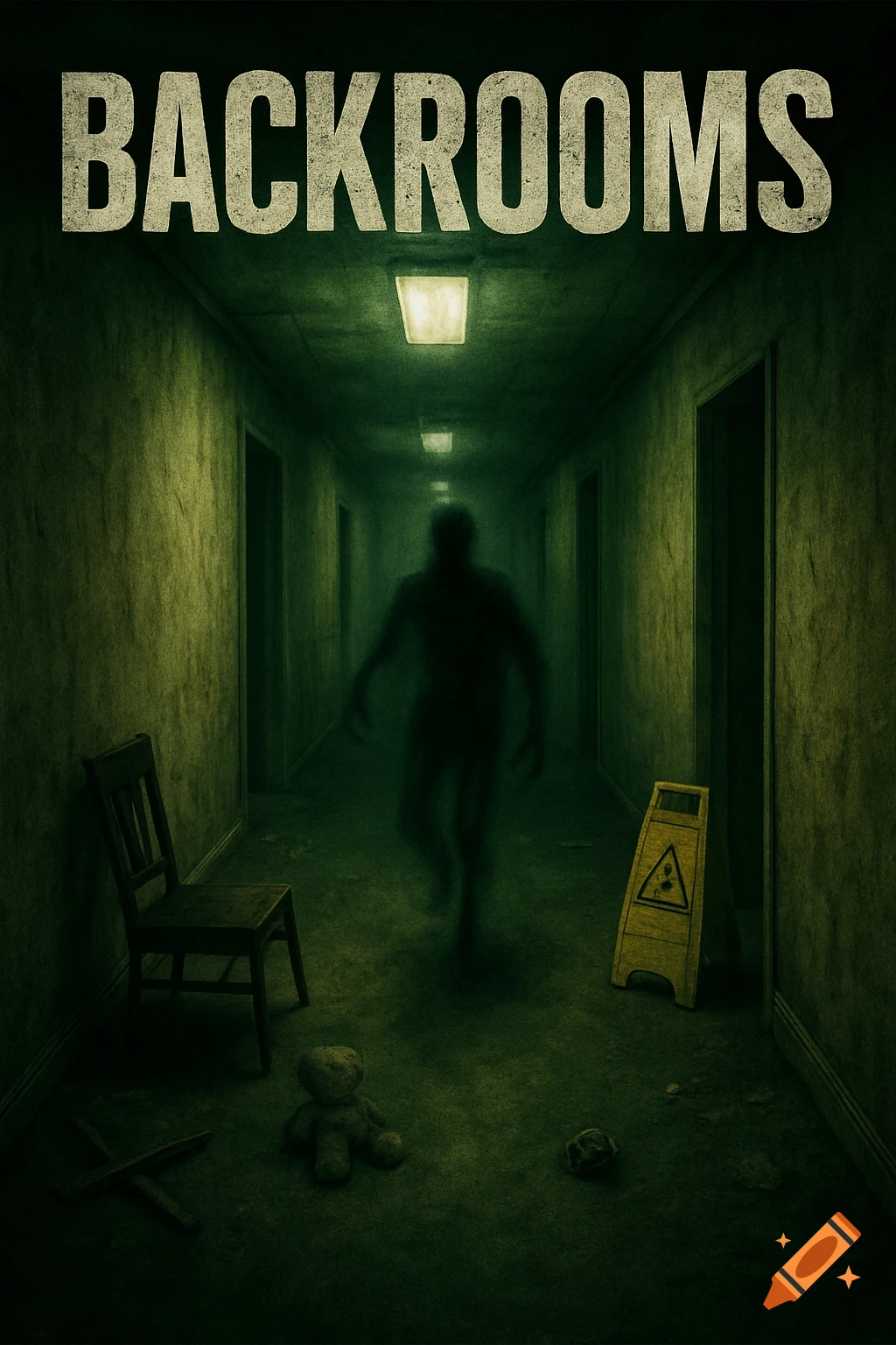 Dark, green-tinged horror movie poster for 'BACKROOMS' with a shadowy figure in a creepy, dilapidated hallway, a chair, and a teddy bear.