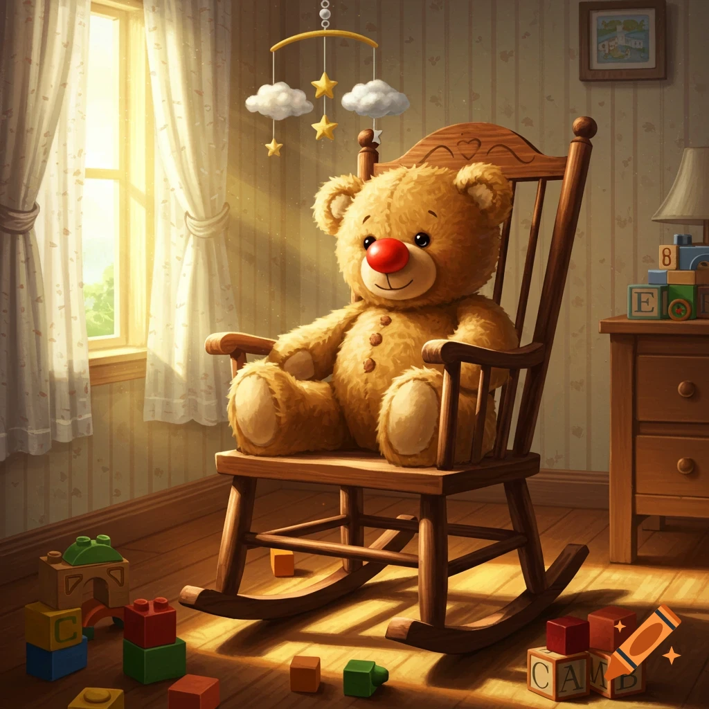 A cute teddy bear with a red clown nose sits in a wooden rocking chair in a sunlit child's room, surrounded by colorful building blocks.