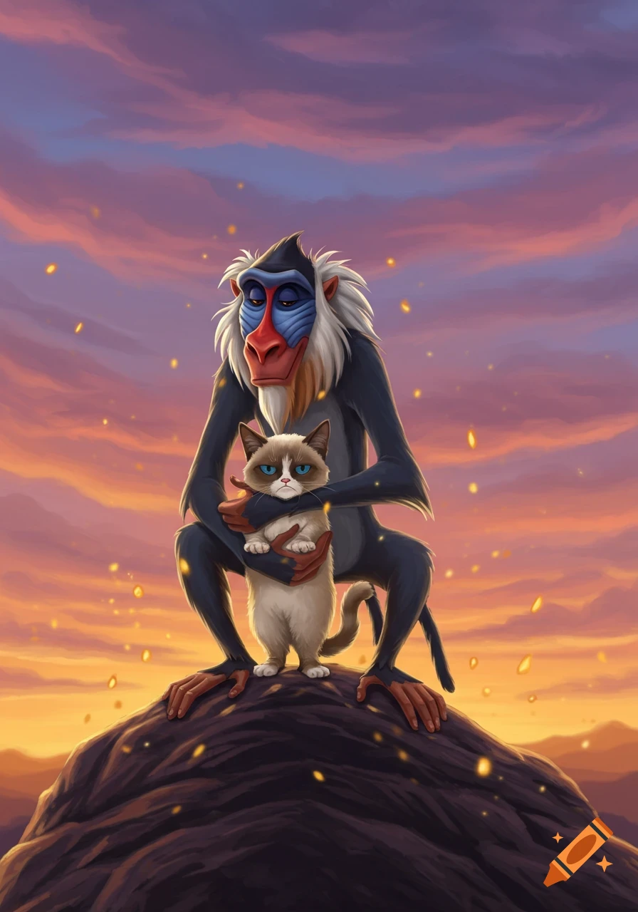 Rafiki the baboon holds Grumpy Cat on a rocky outcrop against a vibrant sunset sky with golden embers.