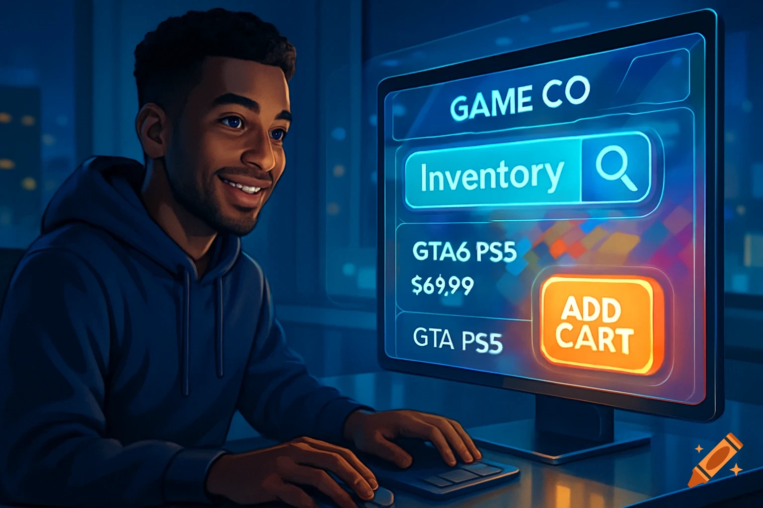 A smiling young man in a blue hoodie uses a computer, looking at a digital game store interface displaying 'GTA6 PS5' and an 'ADD CART' button. Digital art.