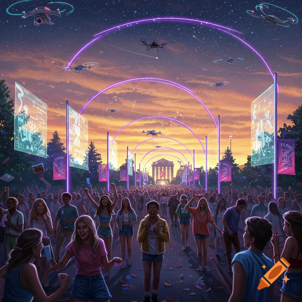 A vibrant, futuristic homecoming festival at sunset with a large crowd, glowing purple arches, drones, and transparent digital screens along a path leading to a grand building.