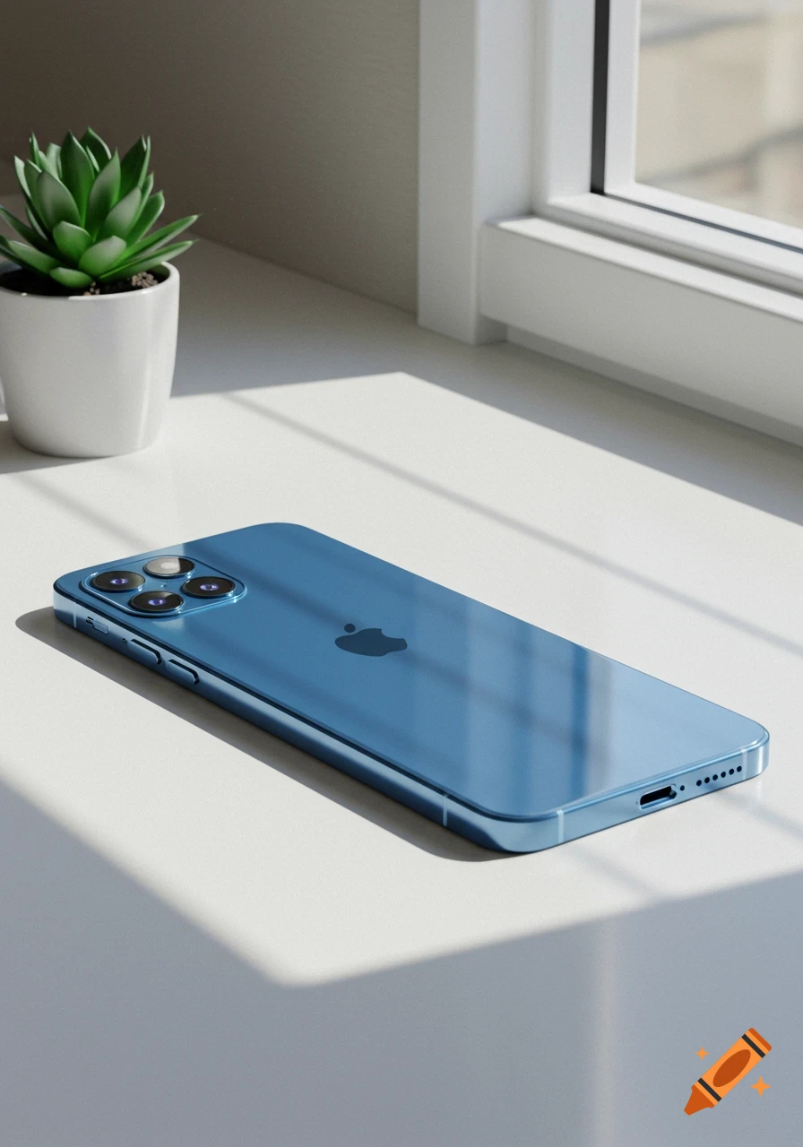 Blue iPhone on a white surface with a green potted plant and window in the background, lit by natural light.