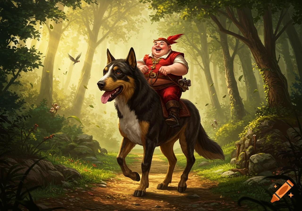 An illustration of a jovial, chubby man with a feathered cap riding a large, happy dog on a sunlit forest path.