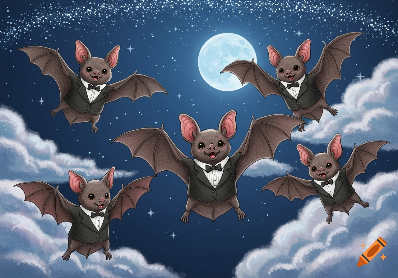 Five cute cartoon bats wearing tuxedos fly at night under a full moon with stars and clouds.
