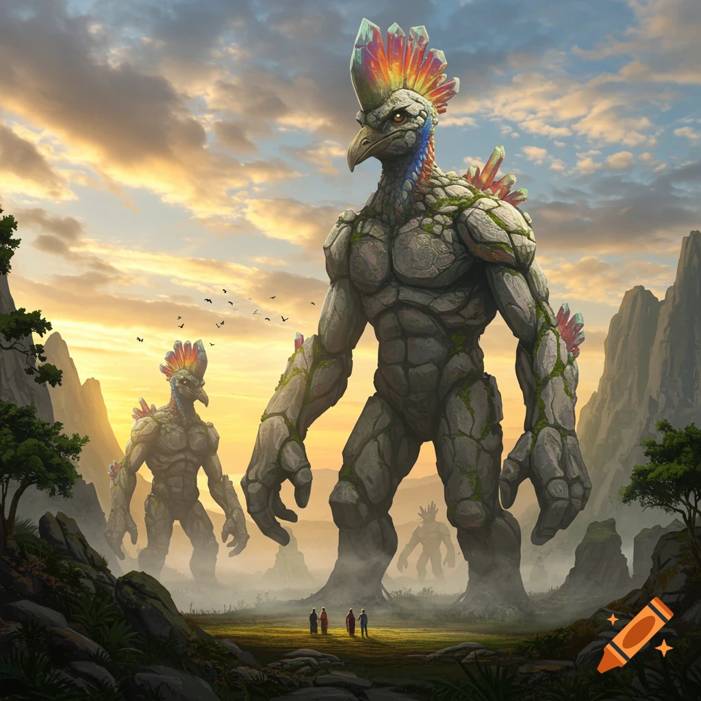 Giant rock cassowary monsters with crystal plumage stand in a misty mountain landscape at sunset, observed by small humans.