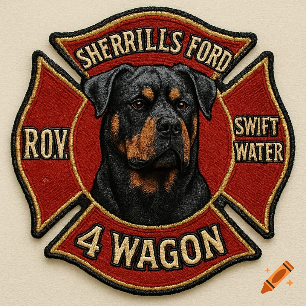 Embroidered firefighter patch with a black and tan Rottweiler head in the center, surrounded by text.