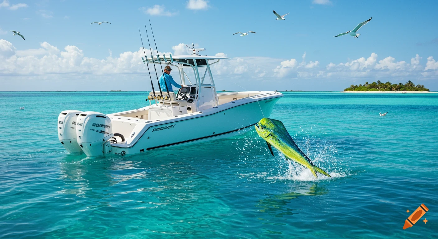 Photorealistic image of a white fishing boat with an angler, a mahi-mahi leaping from turquoise waters, tropical island in background.