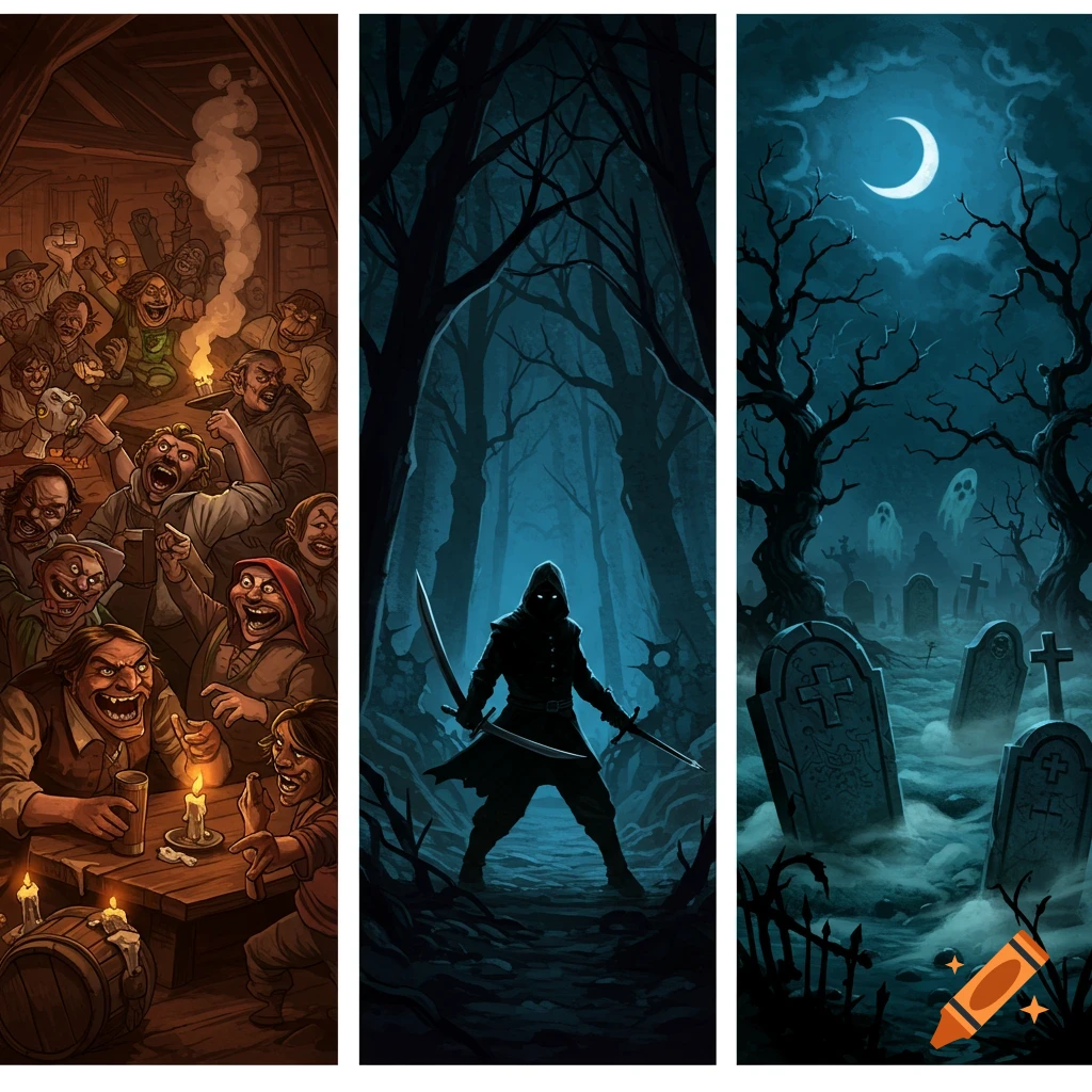 Dark fantasy illustration triptych: a boisterous tavern crowd, a hooded warrior in a dark forest, and a spooky graveyard at night.