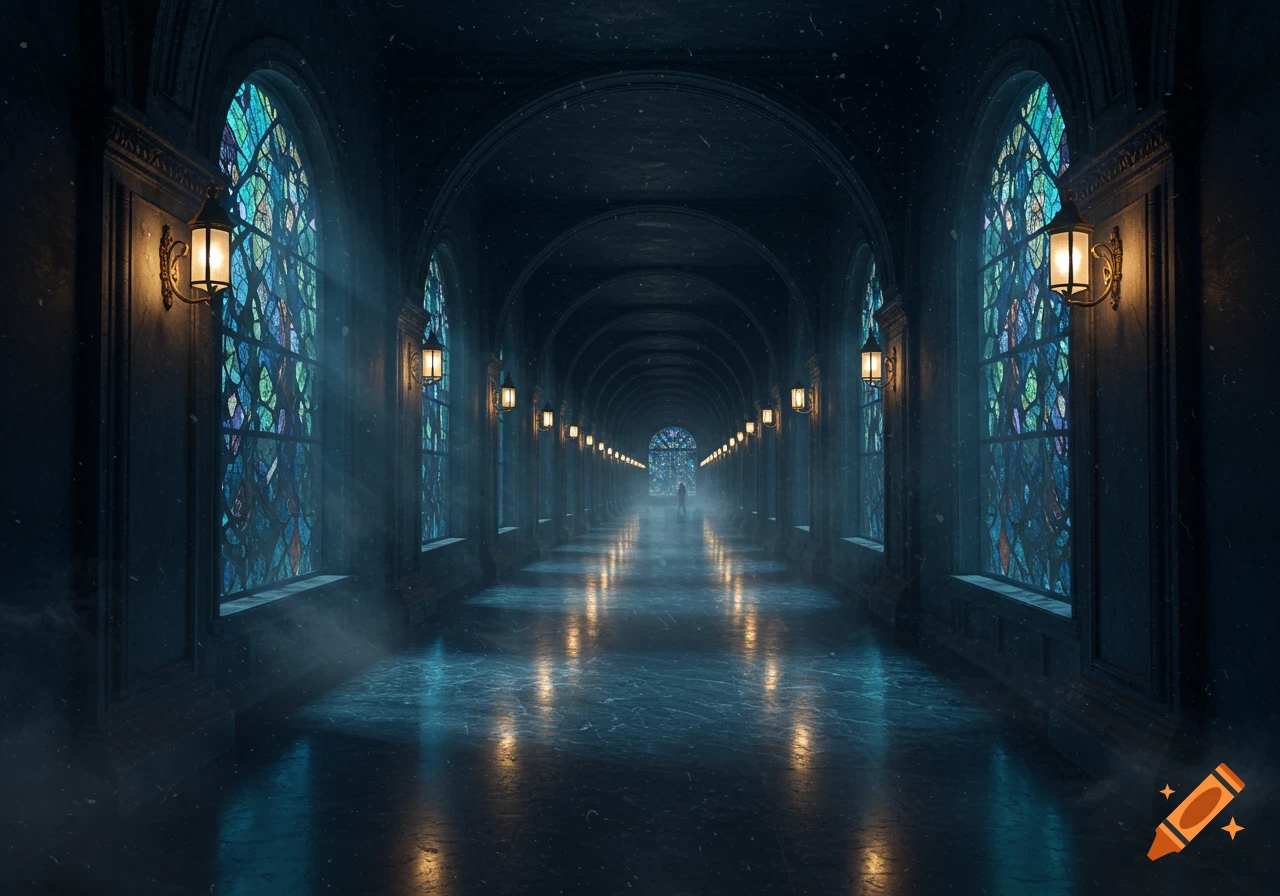A long, dark gothic corridor with stained glass windows, glowing wall sconces, misty floor, and a distant shadowy figure.