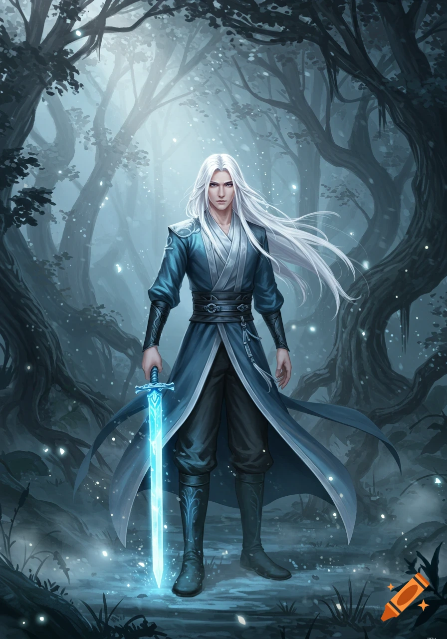 White-haired anime man in a blue robe holding a glowing blue sword in a dark, misty fantasy forest.