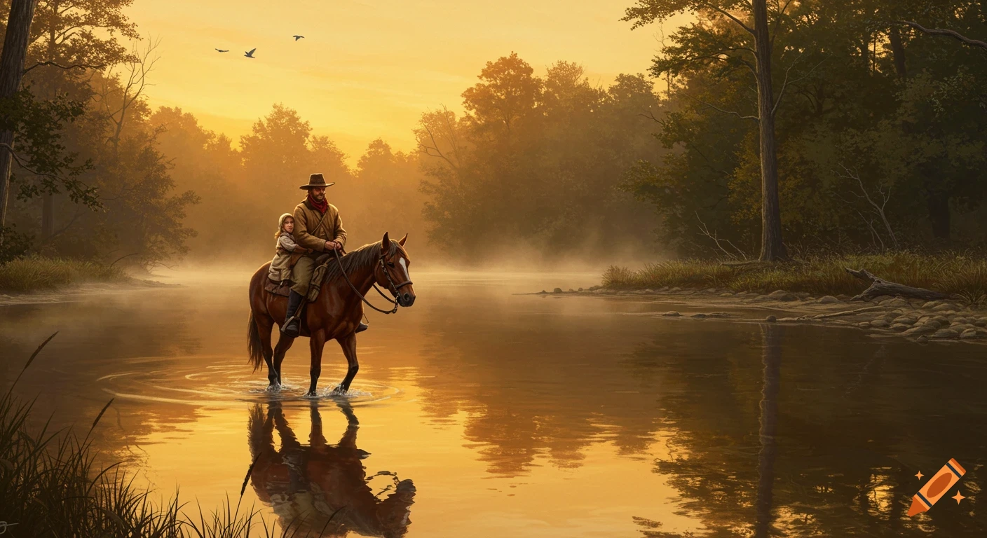 A pioneer father and his daughter ride a horse through a wide river in a foggy forest at golden hour.