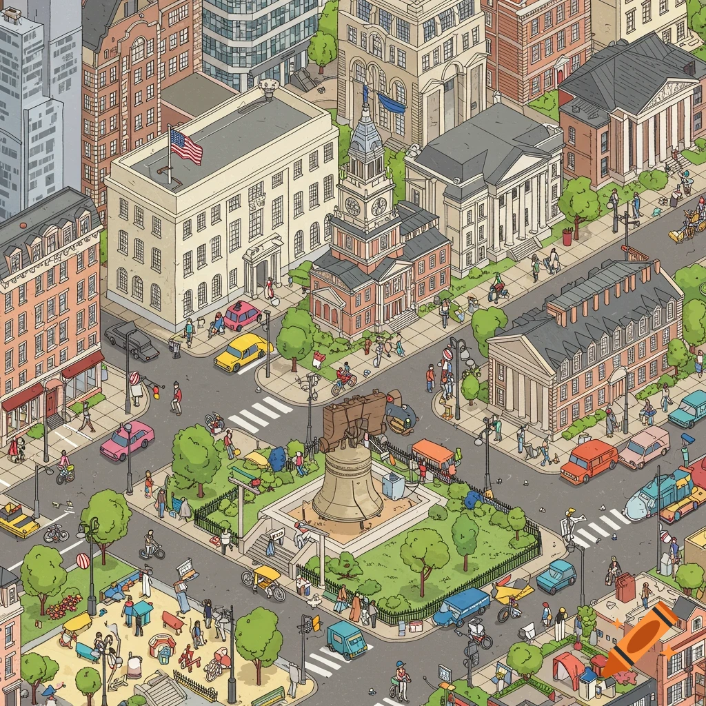 A bustling, colorful isometric vector illustration of Philadelphia, featuring landmarks like the Liberty Bell and Independence Hall, surrounded by people and cars.
