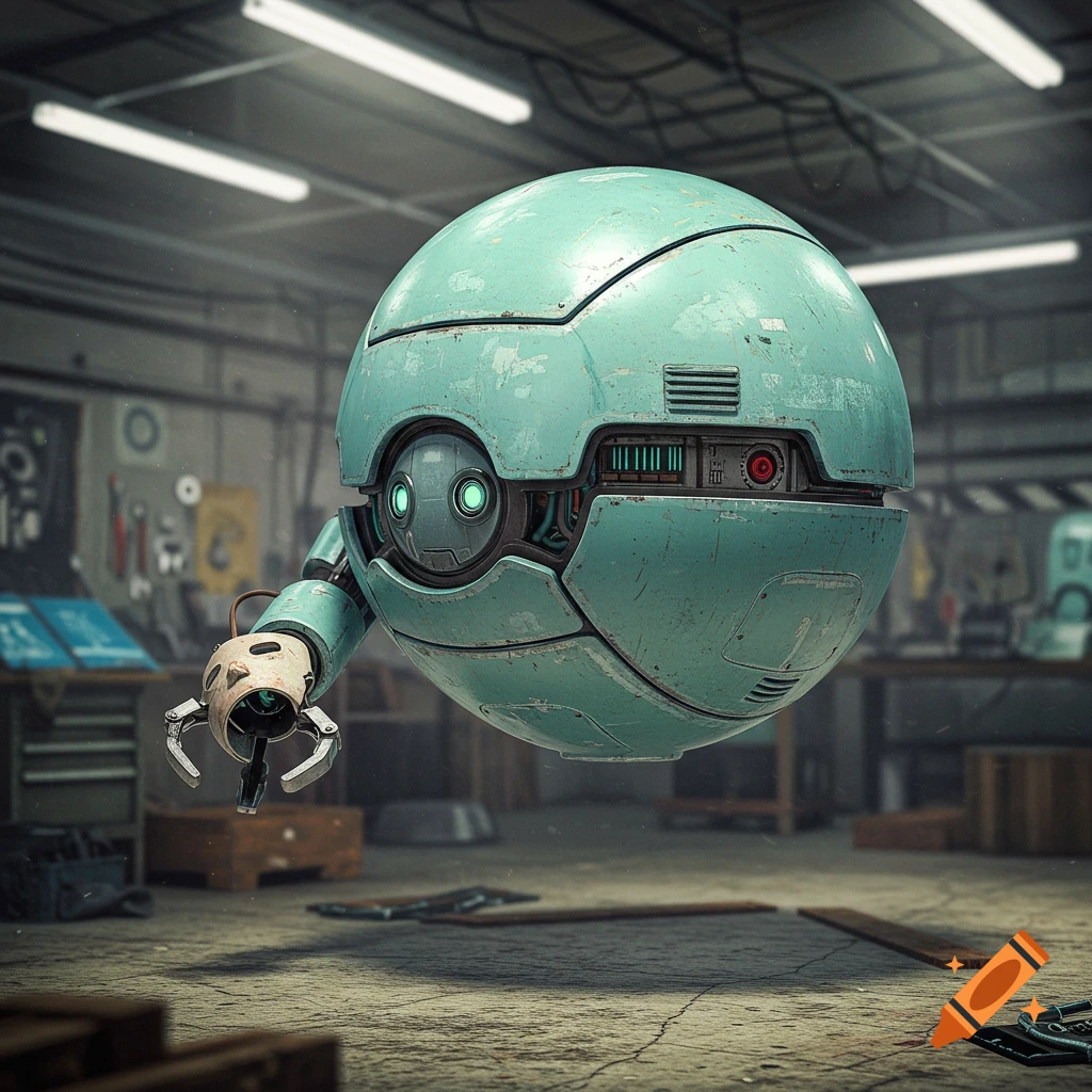 A detailed, retro teal hover robot with a claw arm floats in a dimly lit workshop, photorealistic style.