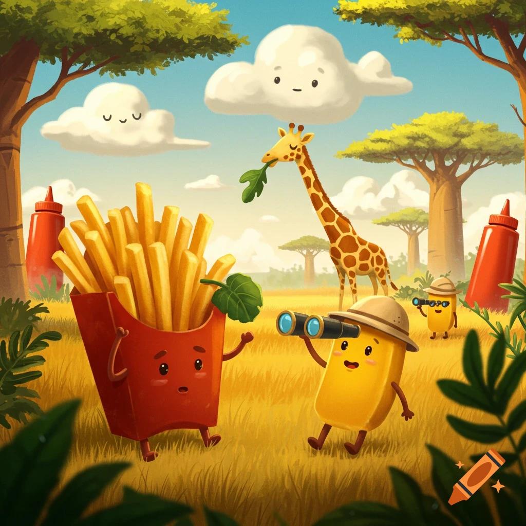 Cute cartoon fries on a safari adventure with a giraffe under a sunny sky.