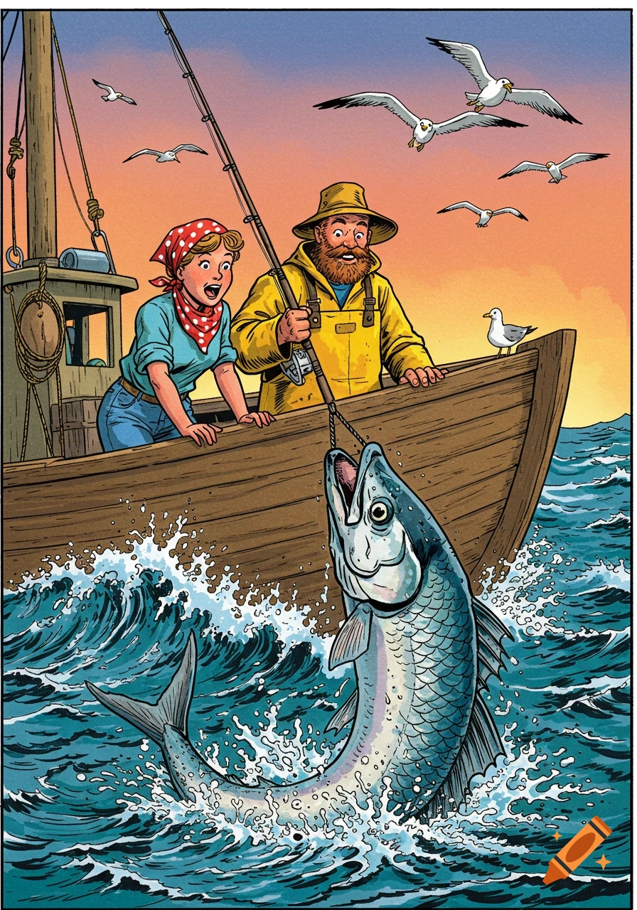 A man and woman on a fishing boat reeling in a large fish leaping from choppy ocean waves, with seagulls and a sunset sky in comic style.