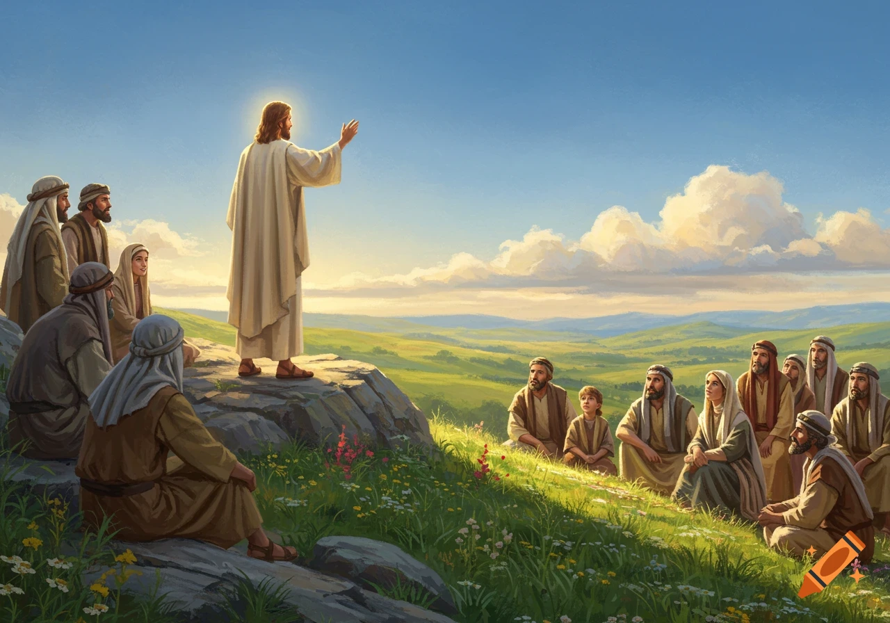 Jesus preaches to a crowd on a grassy hillside at sunset, under a clear sky, in a painterly style.