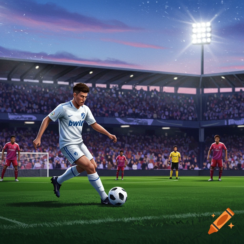 A male soccer player in a white uniform kicks a ball on a green field in a stadium at sunset.